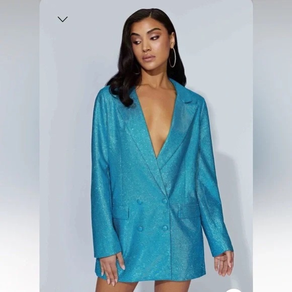 Meshki Becky Shimmer Oversized Blazer Dress Aquamarine L Mermaid Glitter Festive - Picture 2 of 16